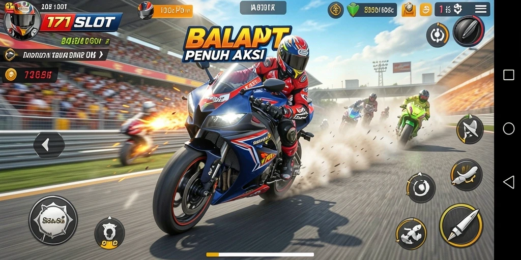 Screenshot gameplay 171SLOT menunjukkan aksi balapan motor yang seru.