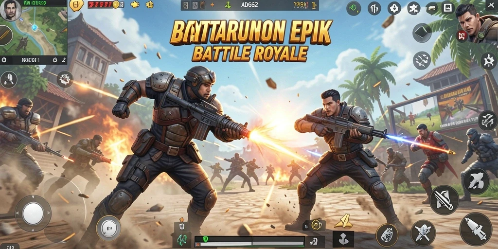 Screenshot gameplay ADG62 menampilkan pertempuran mendebarkan di arena Battle Royale.
