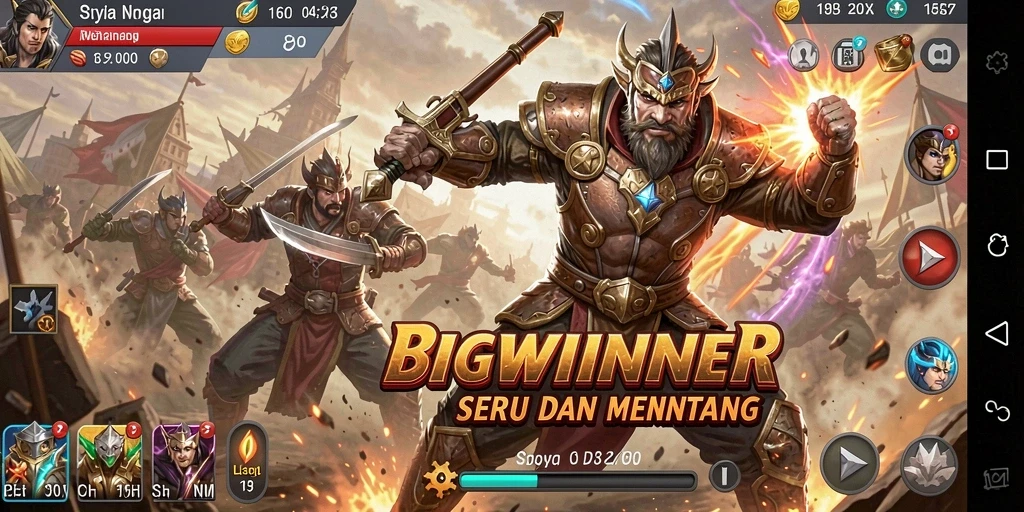 Tampilan gameplay seru dalam BIGWINNER dengan pertarungan mendebarkan dan karakter beragam.