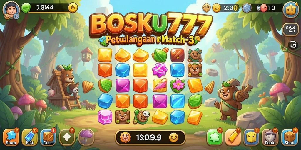 Screenshot gameplay seru dari BOSKU777, menunjukkan momen mencocokkan permata.