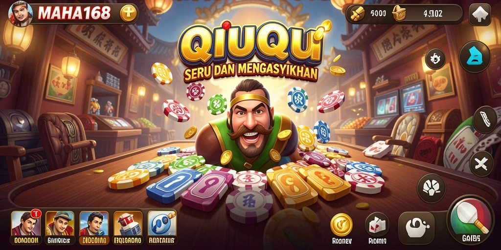 Screenshot menampilkan gameplay QiuQiu dengan kartu yang seru.