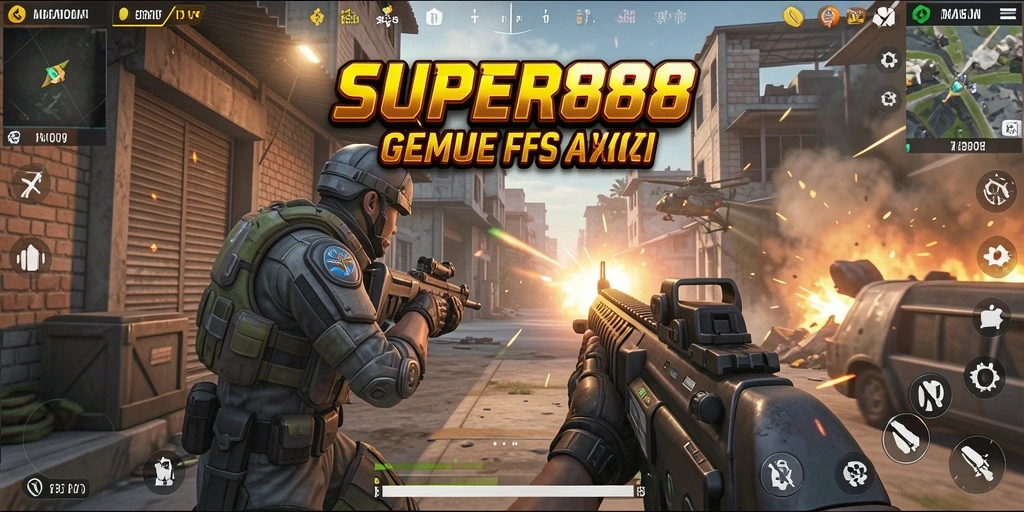 Tangkapan layar SUPER88 yang menunjukkan aksi pertempuran FPS yang mendebarkan.