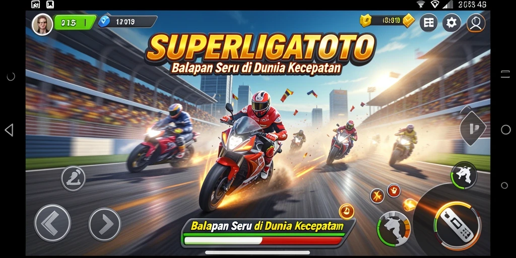 Gameplay SUPERLIGATOTO yang mendebarkan di trek balap.