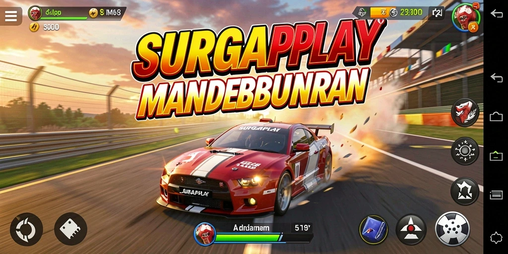 Tampilan gameplay SURGAPLAY dengan mobil balap yang melaju cepat.