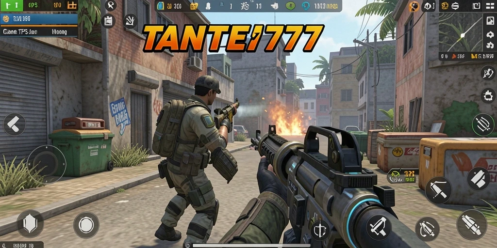 Screenshot TANTE777 menampilkan aksi tembak-menembak di medan perang.